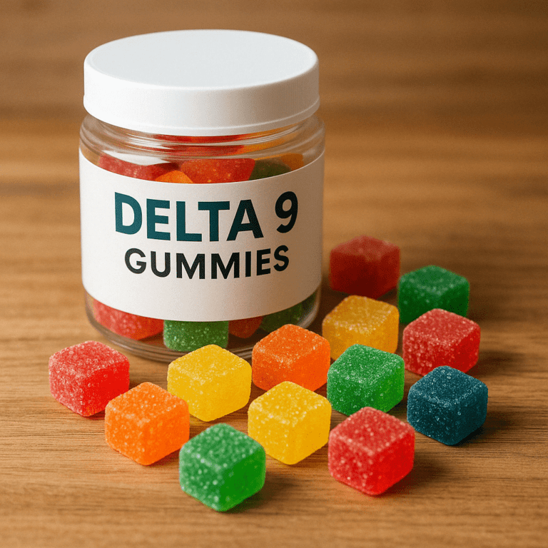 clear plastic jar labeled “DELTA 9 GUMMIES” filled with colorful, sugar‑coated cube gummies, sitting on a warm wooden surface with several gummies scattered in front.